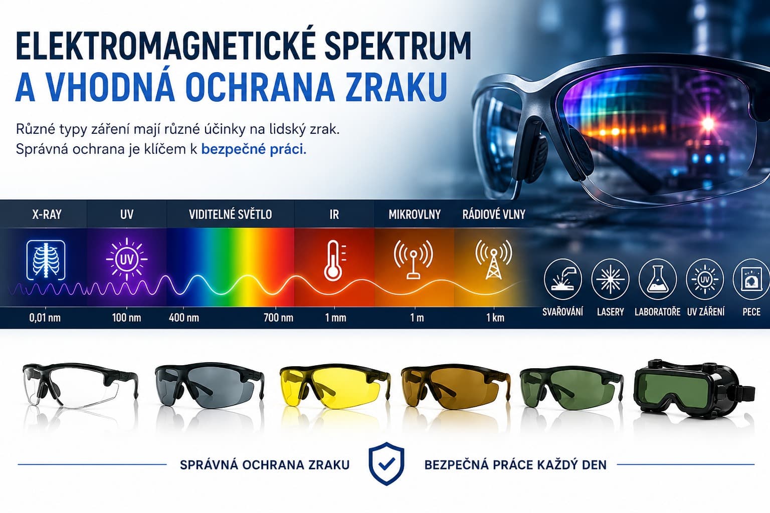 elektromagnetické spektrum a vhodné ochranné brýle